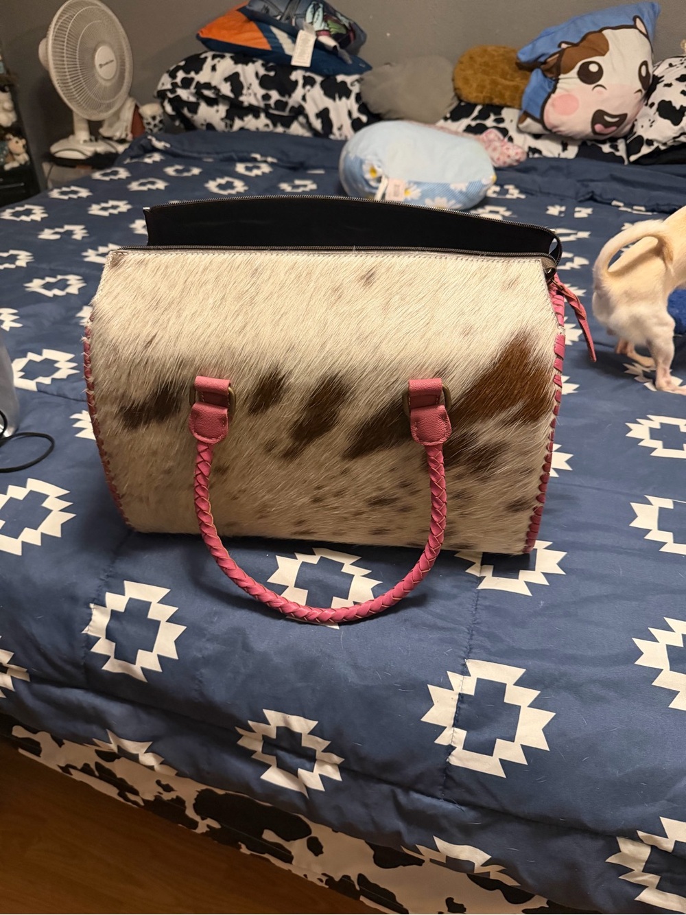 Hair-On-Hide Satchel Tote with Pink Braided Handles